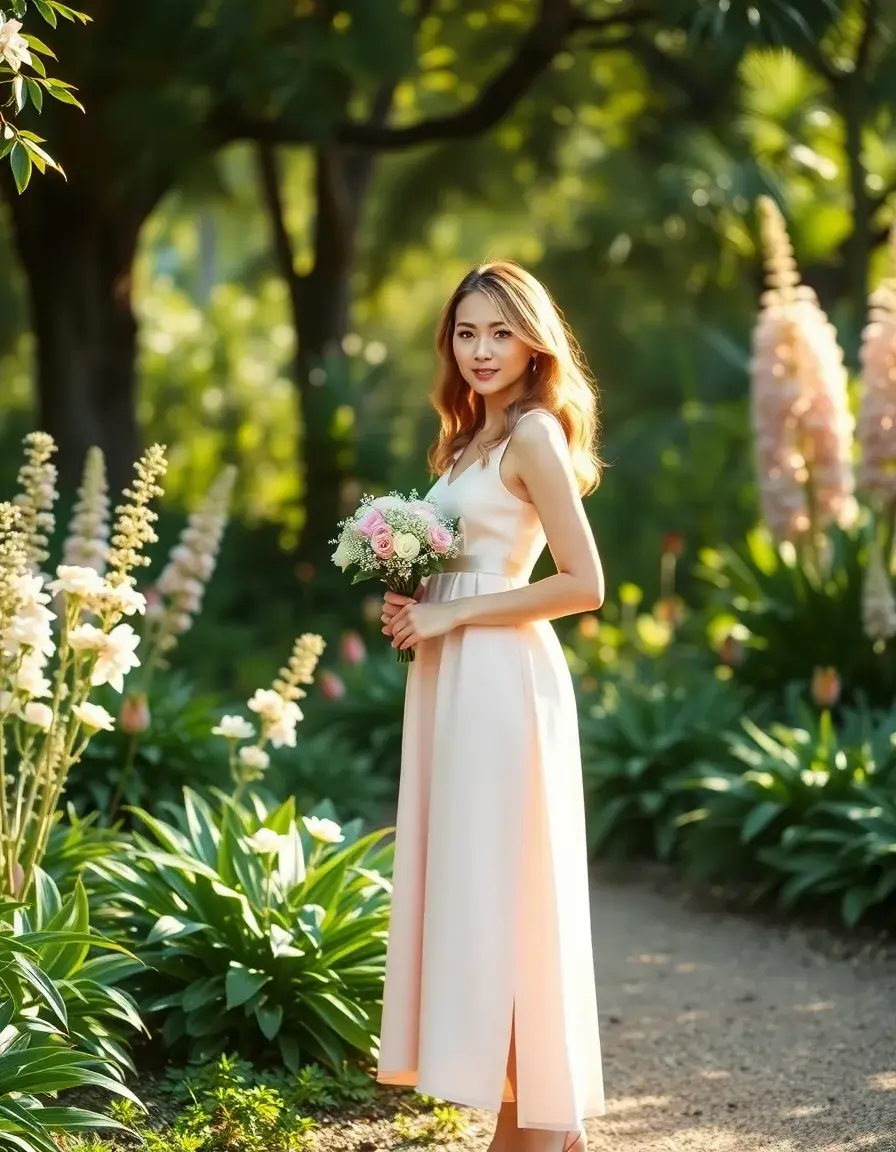 Femme élégante portant une robe témoin de mariage dans un jardin ensoleillé