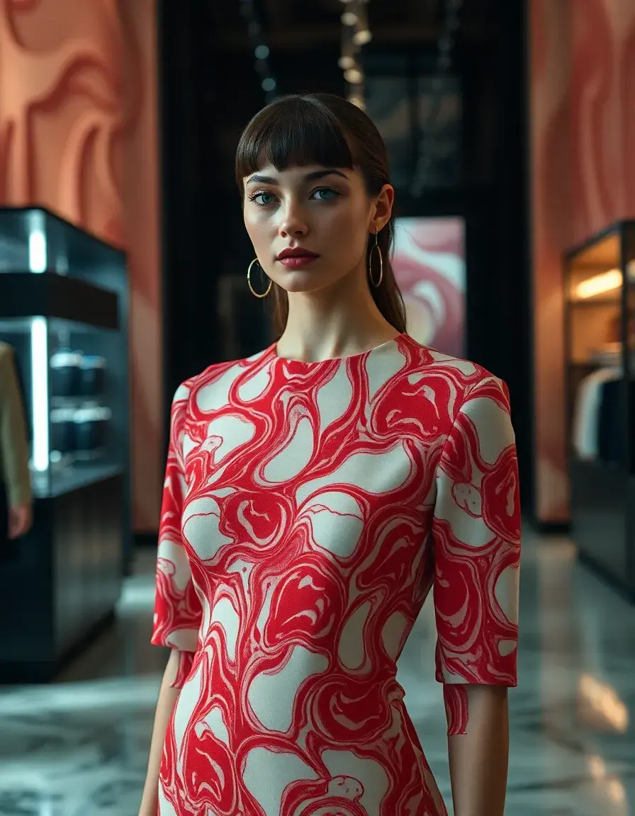 Femme portant une robe artistique inspirée par la robe viande de Lady Gaga dans un cadre mode luxueux.