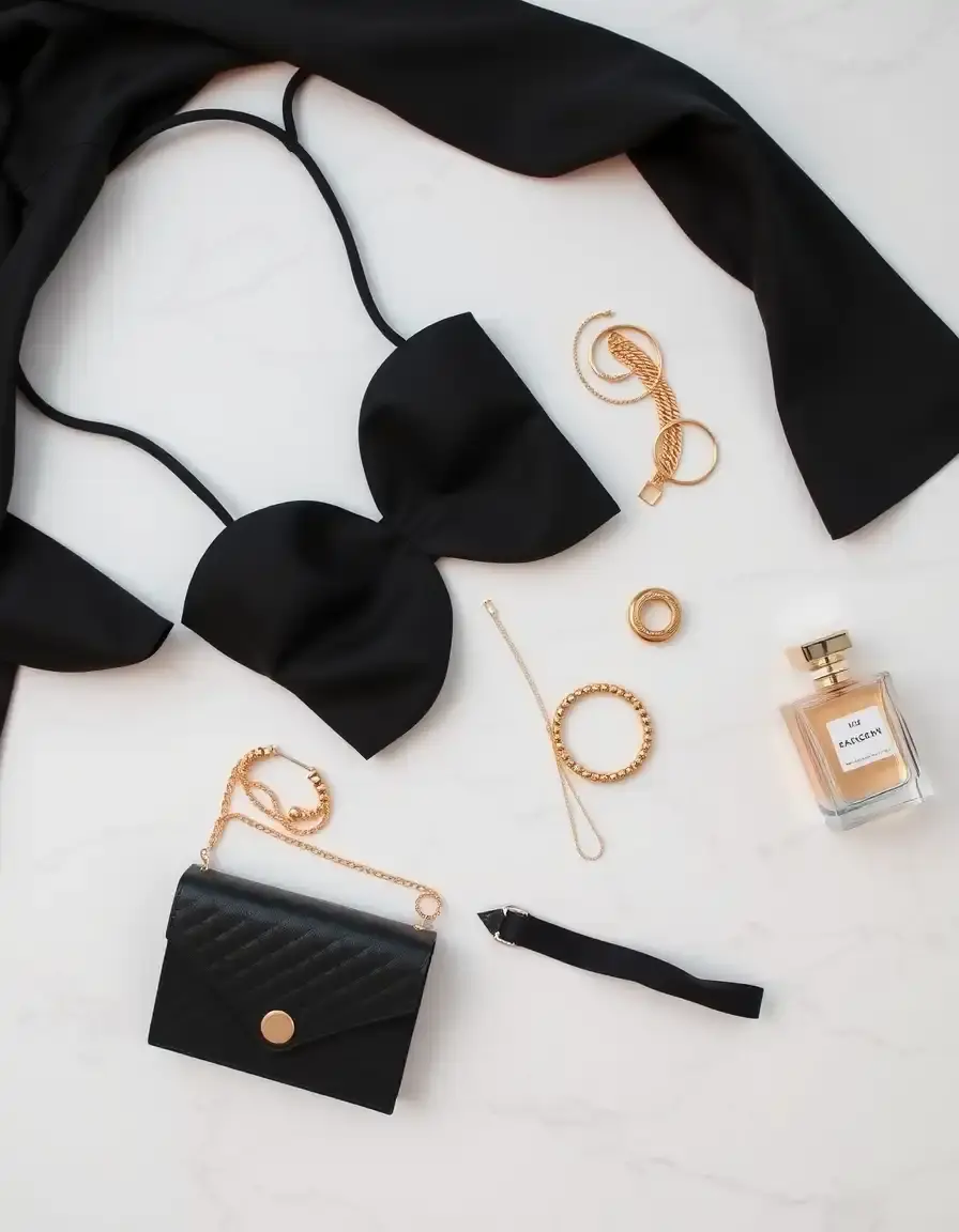 Une robe élégante noire entourée d'accessoires dorés sur un fond en marbre blanc.