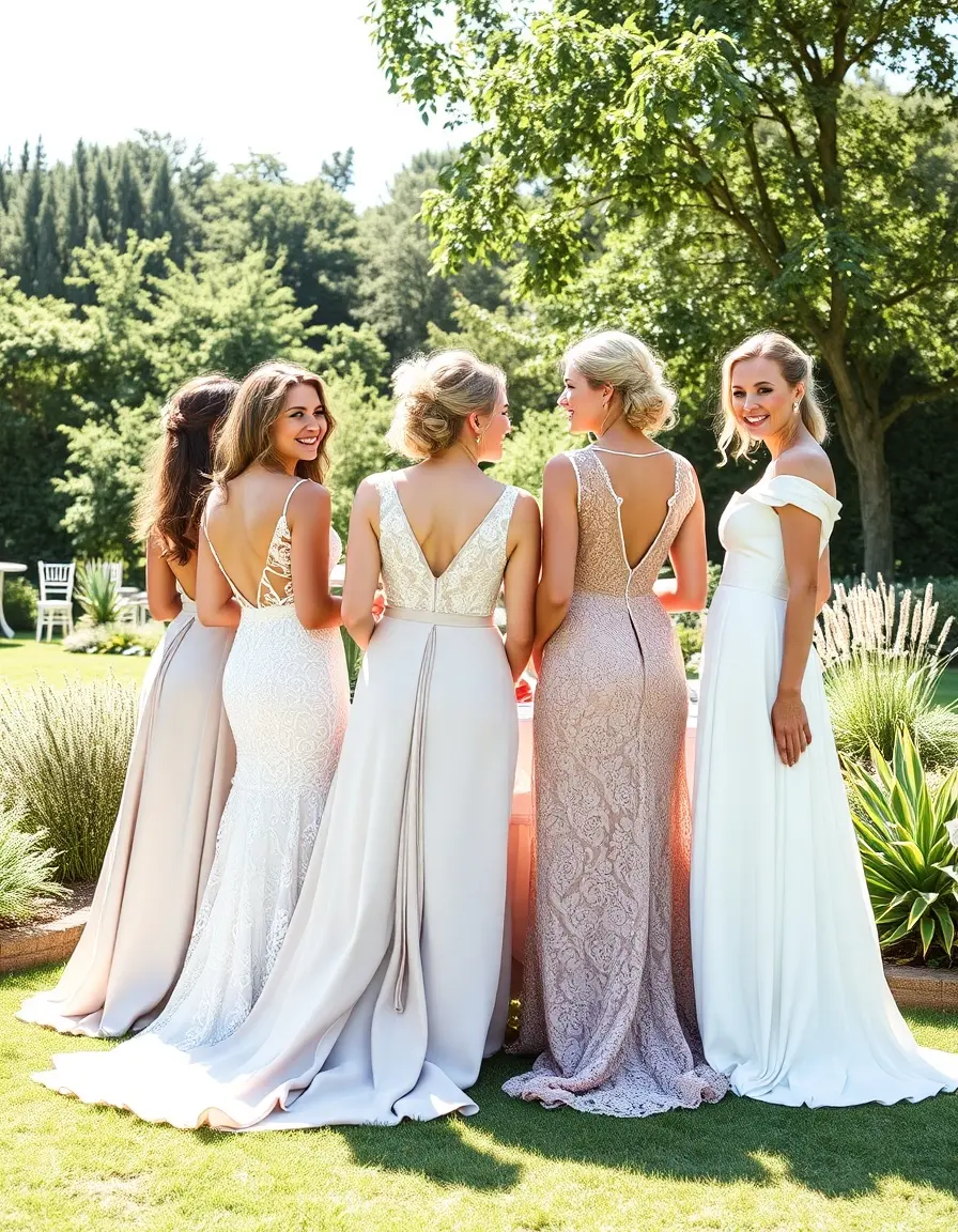Différents styles de robes de cérémonie élégantes portées lors d'un mariage en extérieur.