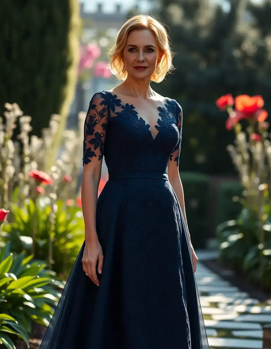 Femme élégante portant une robe de mère de la mariée en dentelle bleue dans un jardin