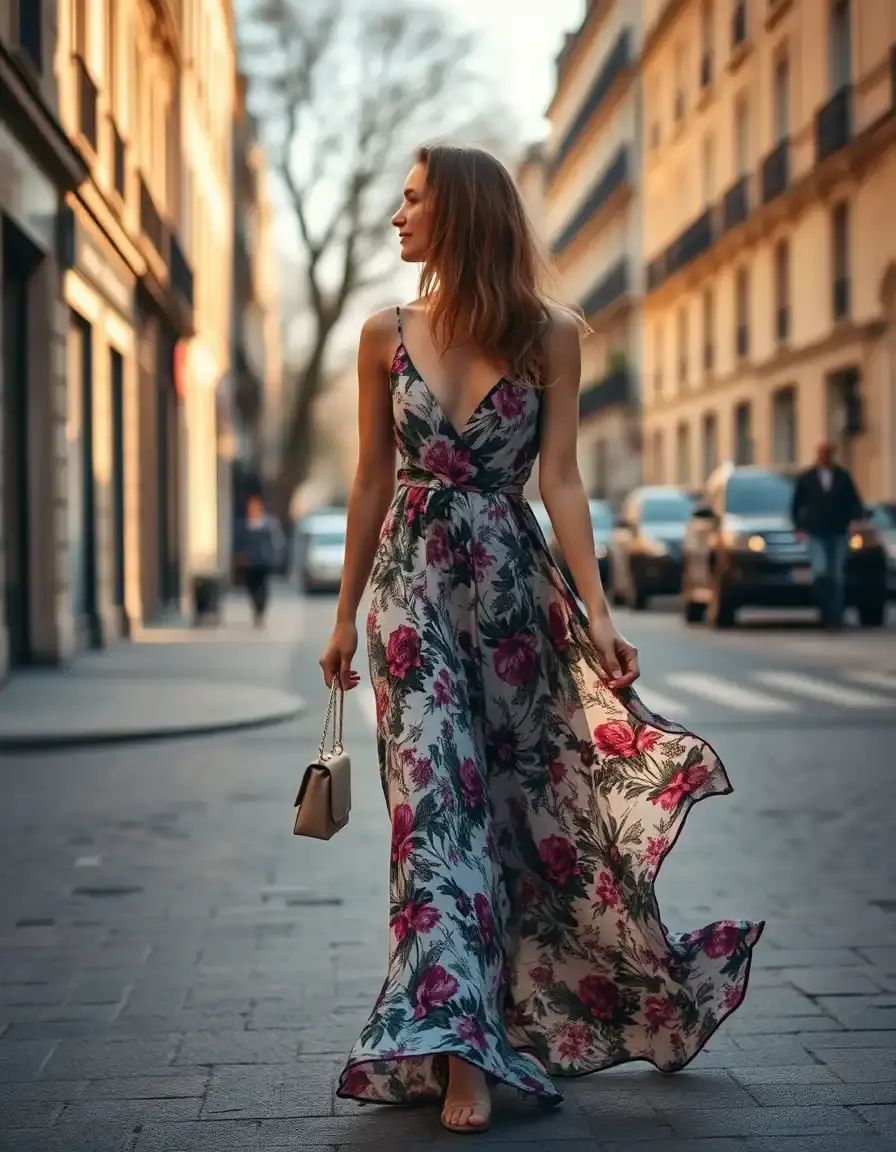 Femme élégante portant une robe longue fleurie dans une rue ensoleillée