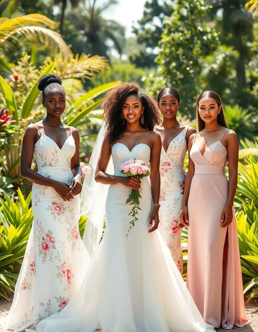 Différents styles de robes pour mariage portées par des femmes élégantes dans un jardin