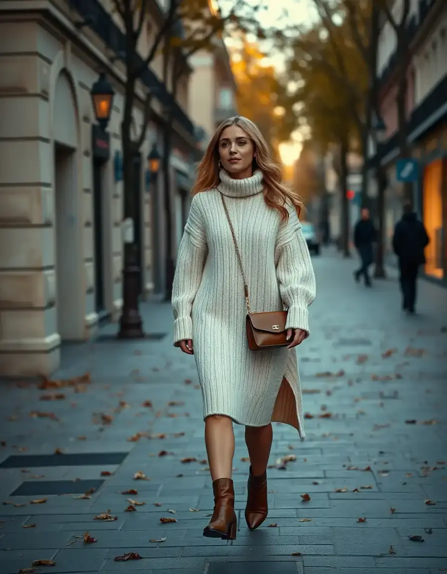 Femme élégante portant une robe pull en maille torsadée crème avec des bottes en cuir