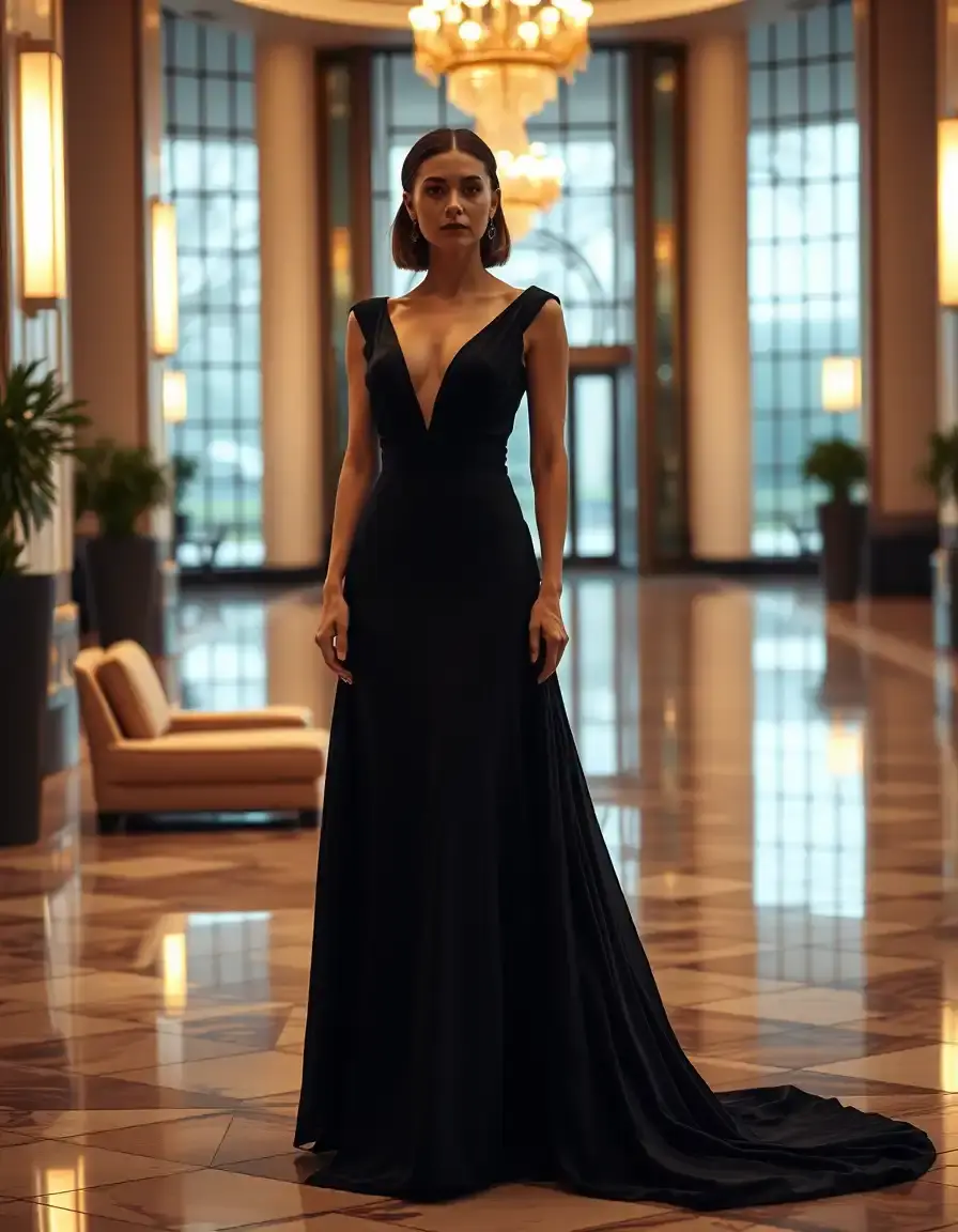 Femme élégante portant une tenue de soirée sophistiquée dans un cadre luxueux