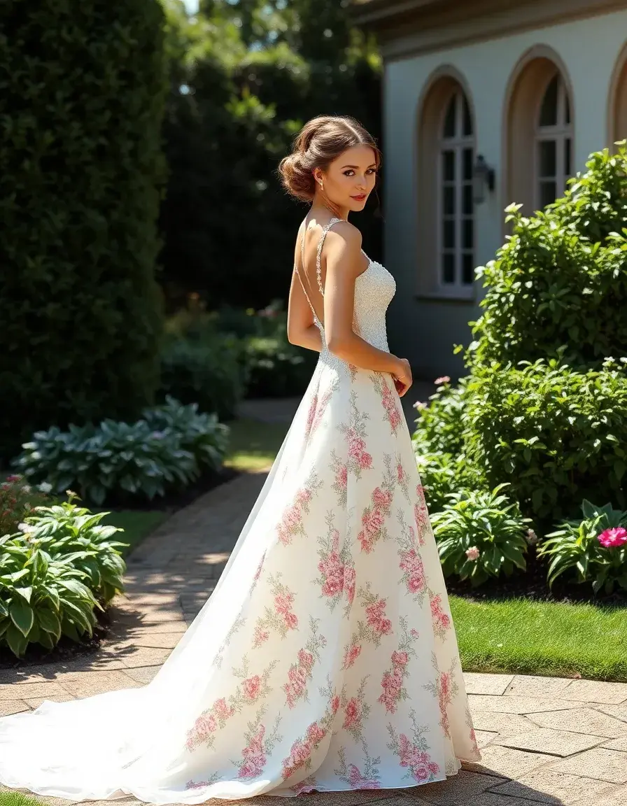 Femme élégante portant une robe pour mariage fleurie dans un jardin