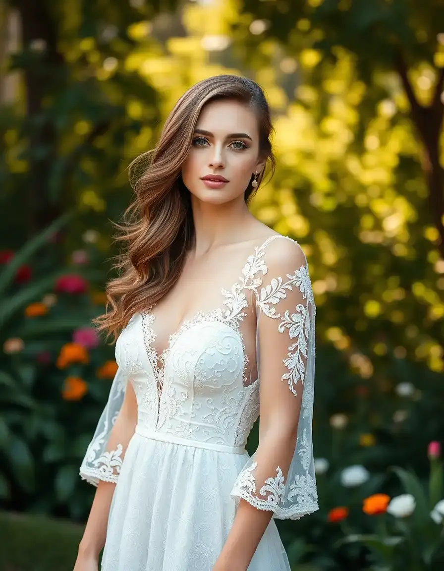 Femme élégante portant une robe en dentelle blanche dans un jardin ensoleillé