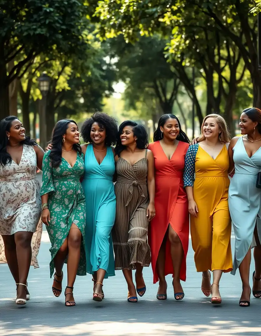 Groupe de femmes élégantes portant différentes robes grande taille en ville.