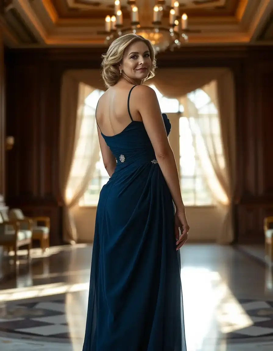 Femme élégante portant l'une des plus belles robes de mère de mariée en mousseline bleue