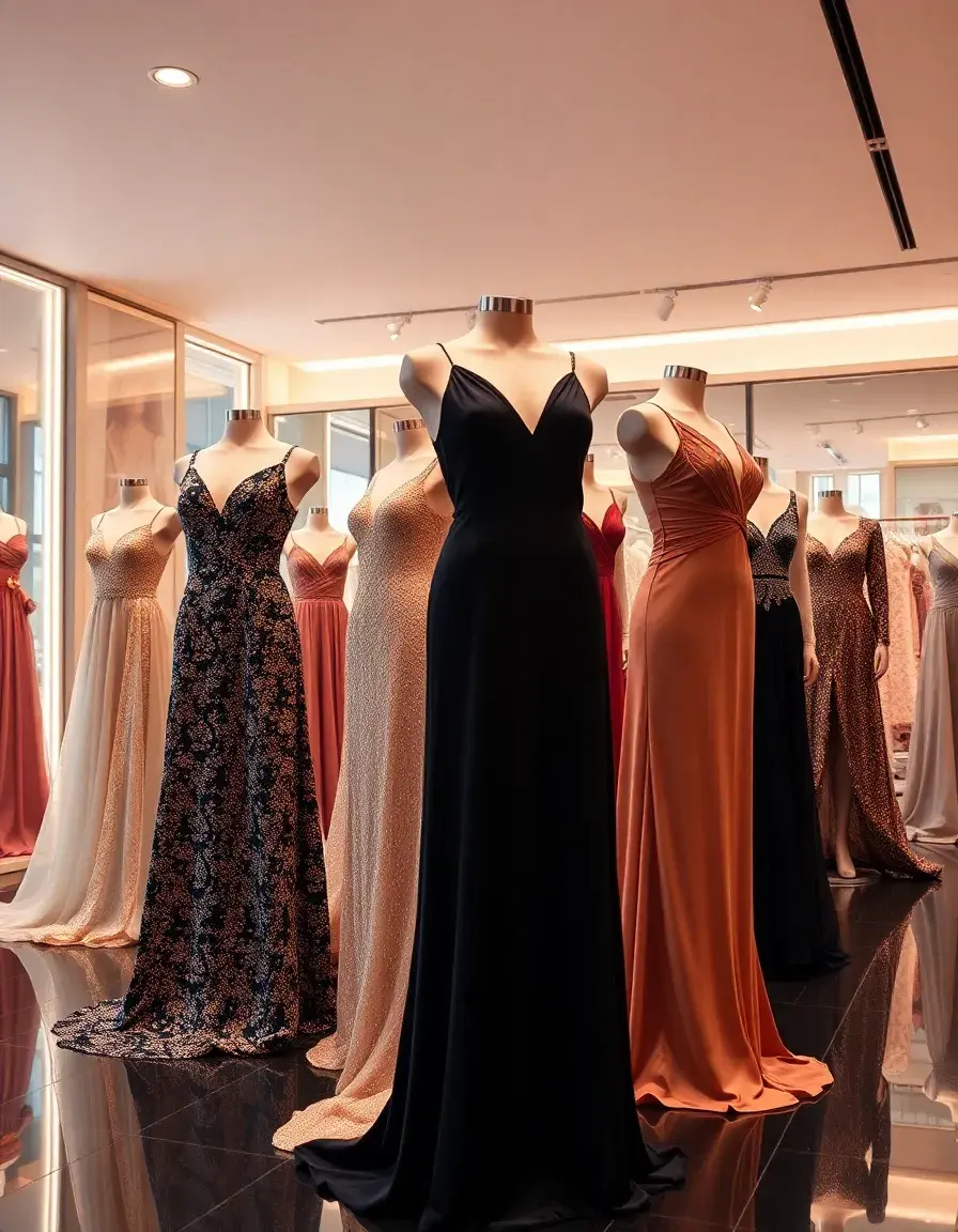 Collection de longues robes de soirée élégantes dans une boutique de luxe