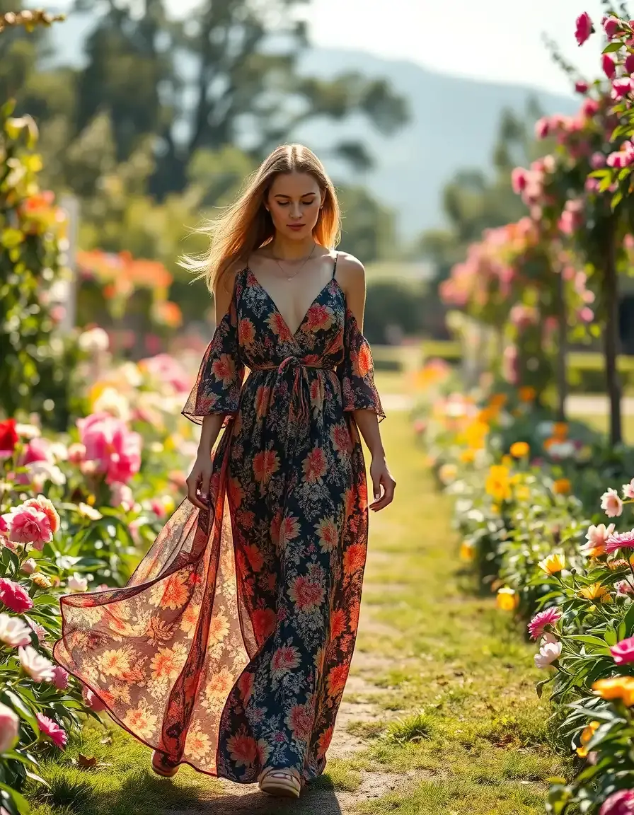 Femme portant une longue robe fleur vaporeuse dans un jardin ensoleillé