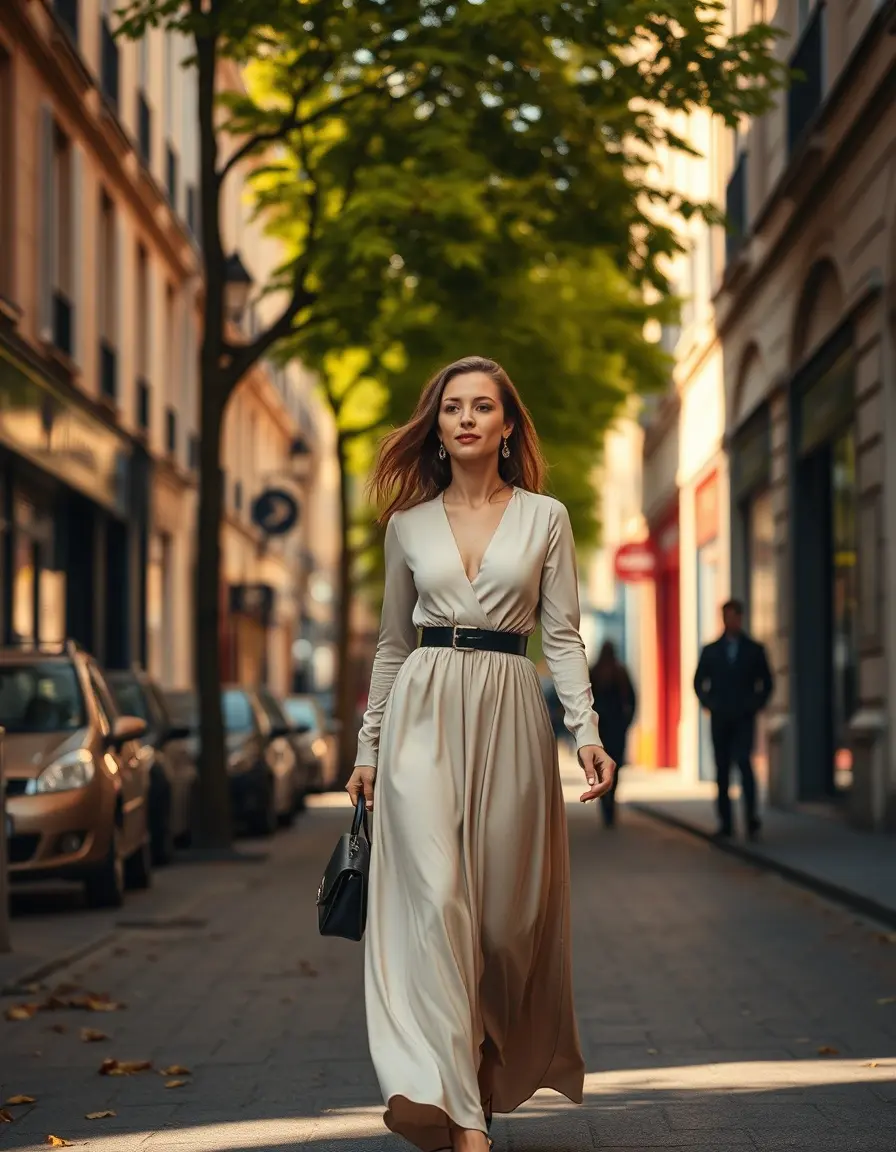 Femme élégante portant une longue robe manche longue chic dans une rue en automne