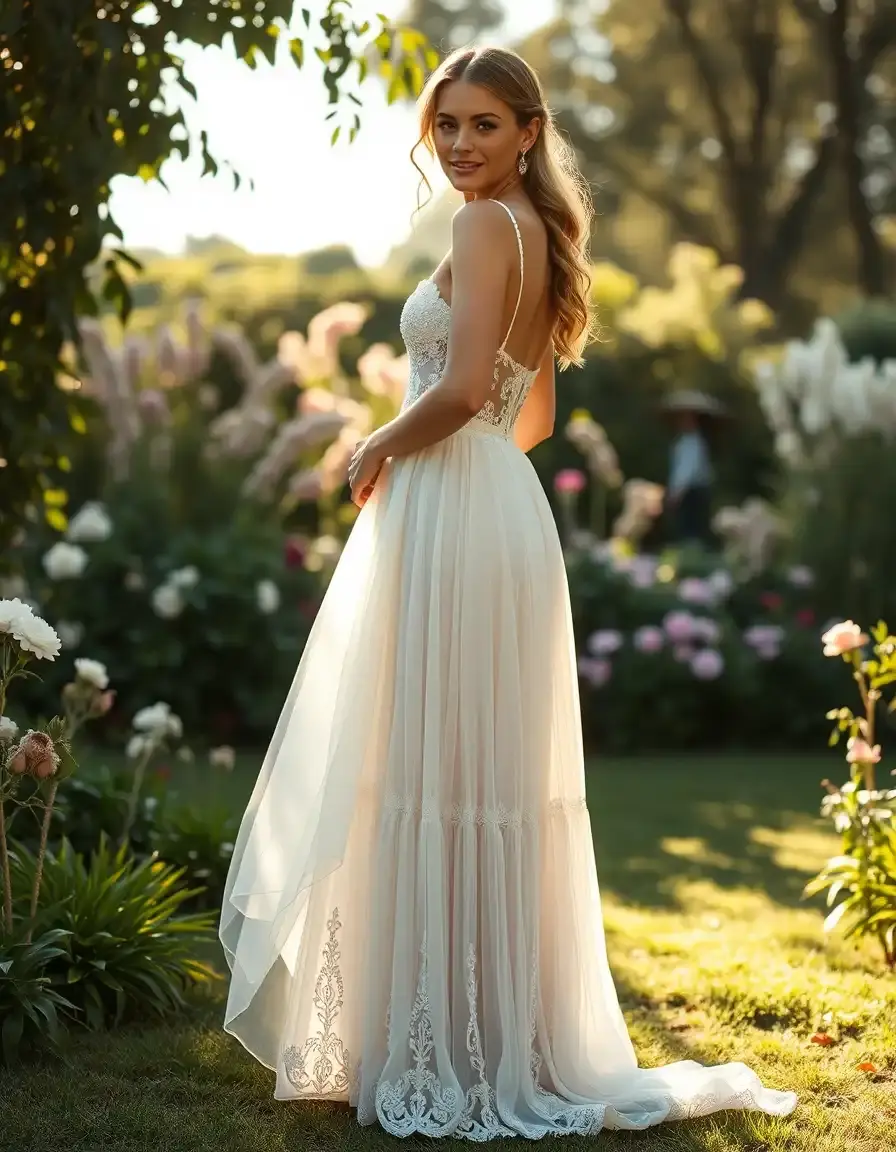 Femme élégante portant une longue robe mariage bohème en dentelle dans un jardin ensoleillé