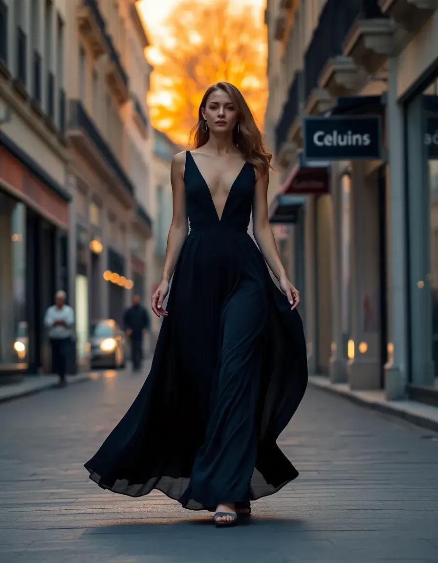 Femme élégante portant une magnifique longue robe noire dans une rue de Paris