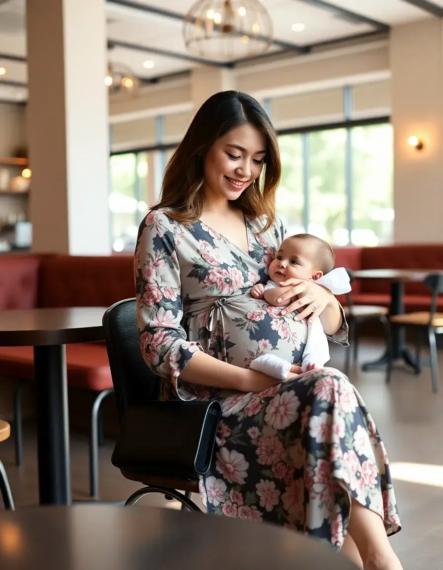 Maman élégante portant une robe allaitement fleurie dans un café moderne