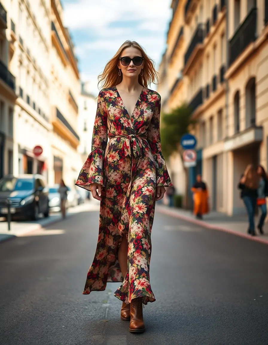 Femme élégante portant une robe année 70 fleurie avec manches cloches et lunettes de soleil
