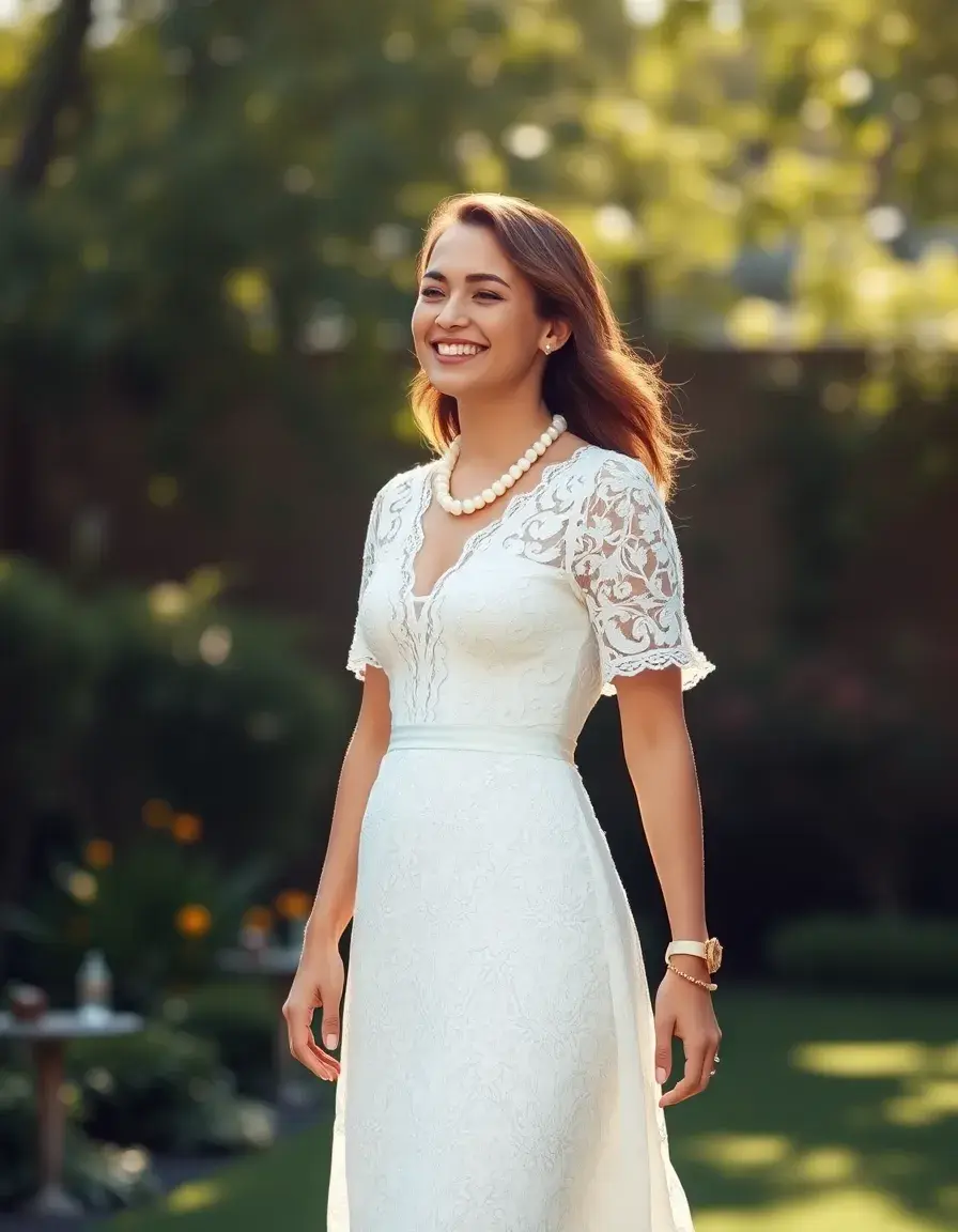 Femme élégante portant une robe baptême femme en dentelle blanche dans un jardin ensoleillé.