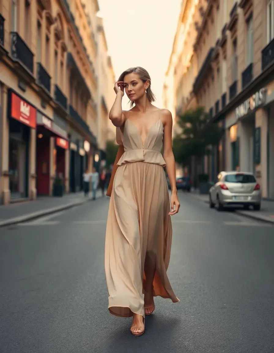 Femme élégante portant une robe beige fluide dans une rue ensoleillée