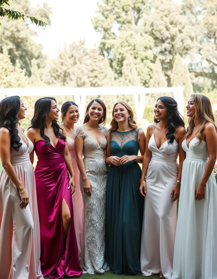 Femmes élégantes portant différentes robes de cérémonie lors d'une fête en extérieur.