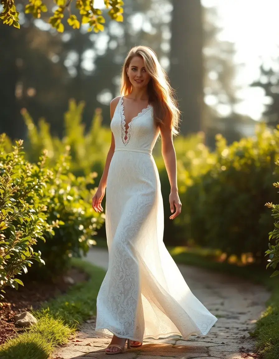 Femme élégante portant une robe blanche dentelle longue dans un jardin ensoleillé