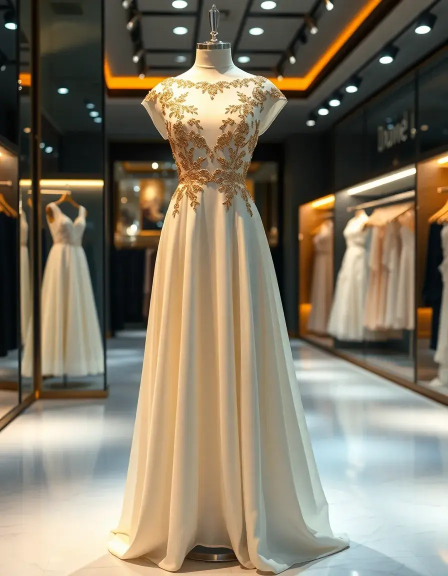 Une somptueuse robe blanche et dorée exposée dans une boutique de luxe.