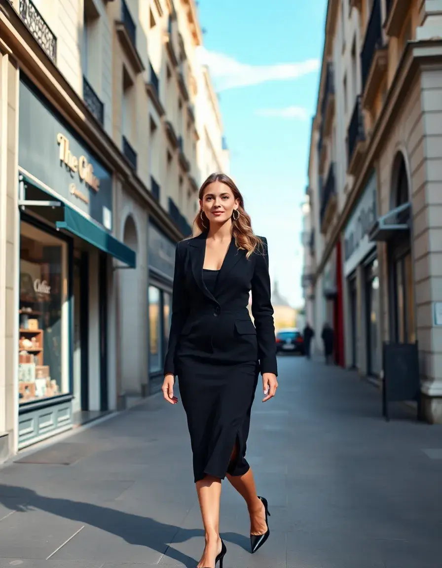 Femme élégante portant une robe blazer noire ajustée dans une rue chic