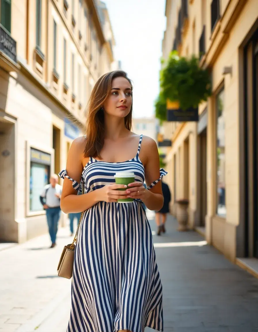 Femme stylée portant une robe casual rayée dans une rue ensoleillée.