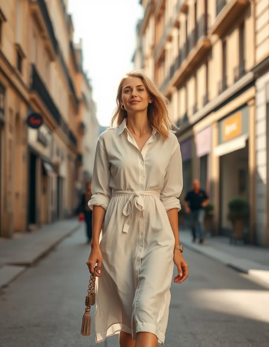 Femme élégante portant une robe chemise en lin dans une rue ensoleillée