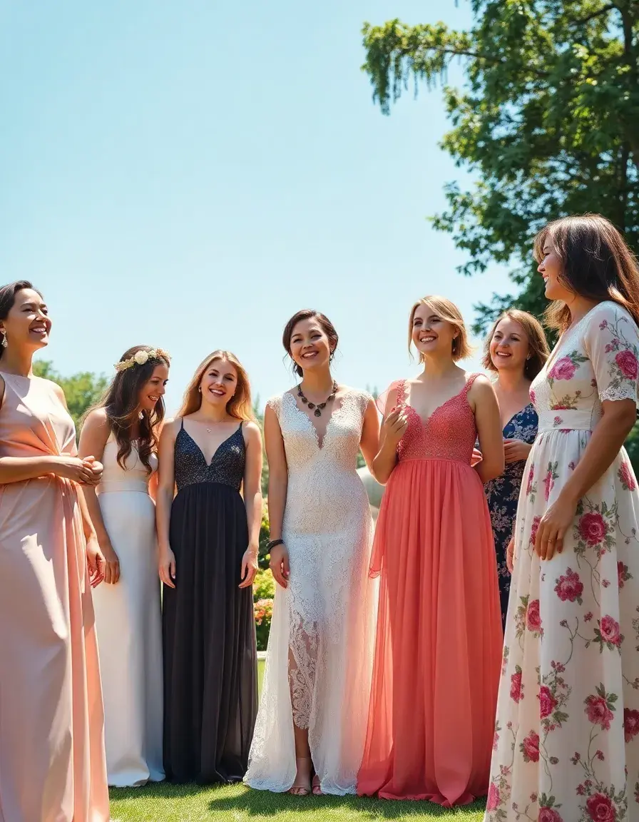 Femmes élégantes portant différentes robes de cérémonie lors d'une fête en extérieur.
