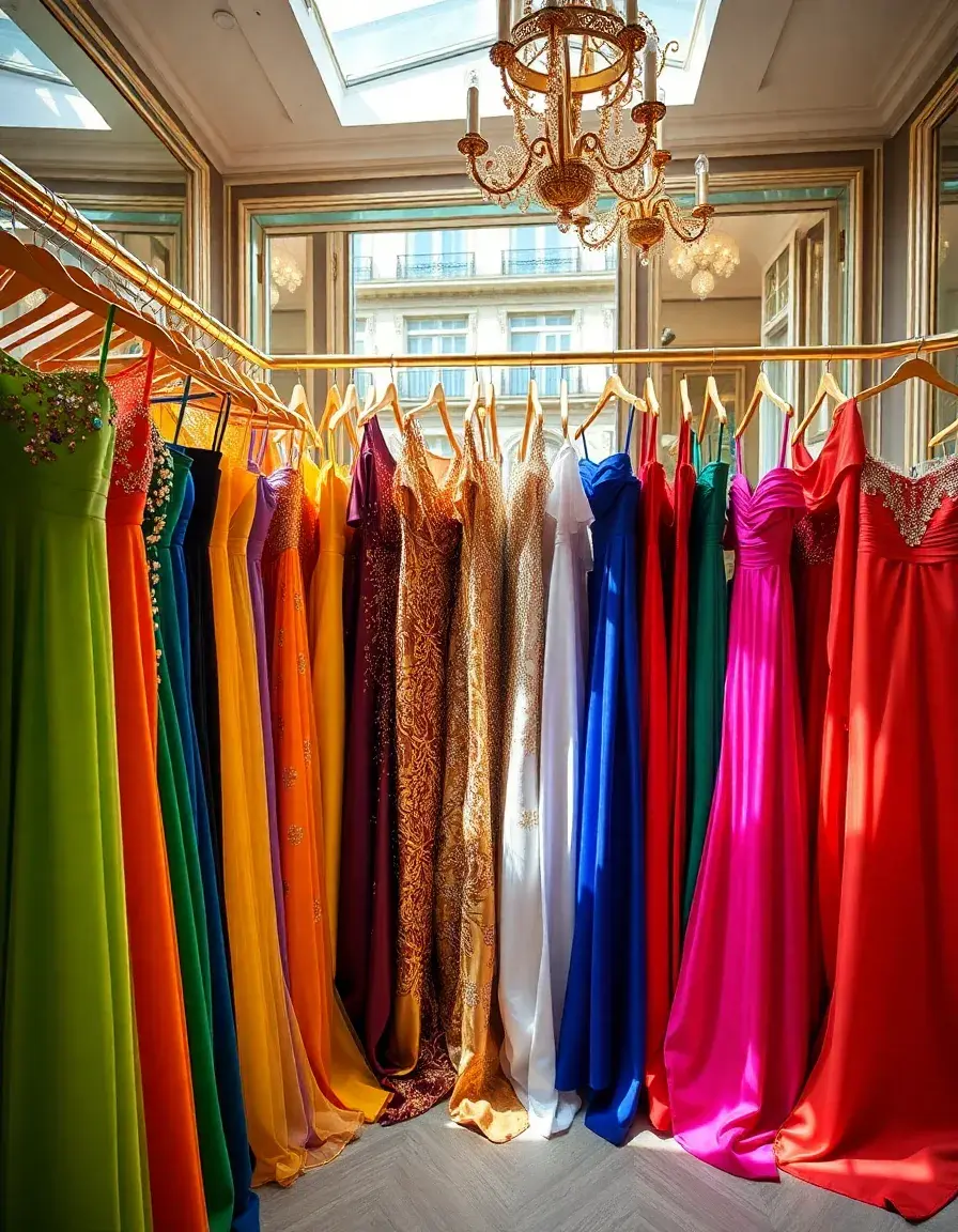 Collection de robes de cérémonie femme chic colorées dans une boutique élégante