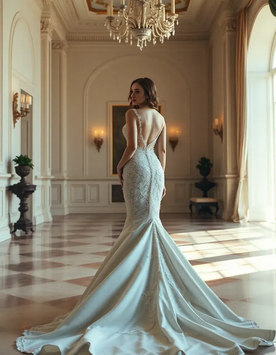Une mariée élégante portant une robe de mariage sirène luxueuse avec traîne