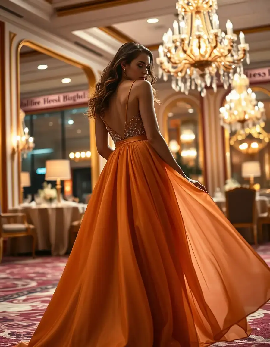 Femme élégante portant une robe de soiree chic dans un salon luxueux