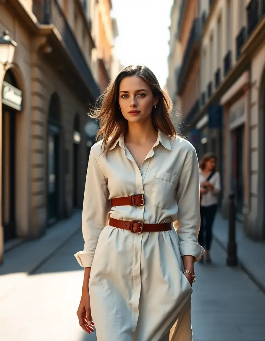 Femme élégante portant une robe chemise femme en lin dans une rue ensoleillée.