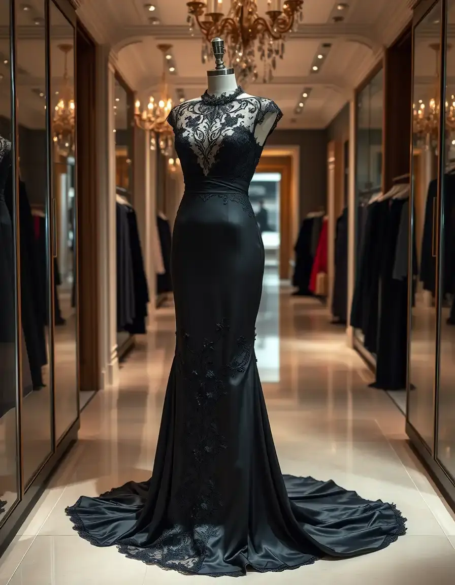 Une élégante robe de soirée noire en dentelle exposée dans une boutique de luxe