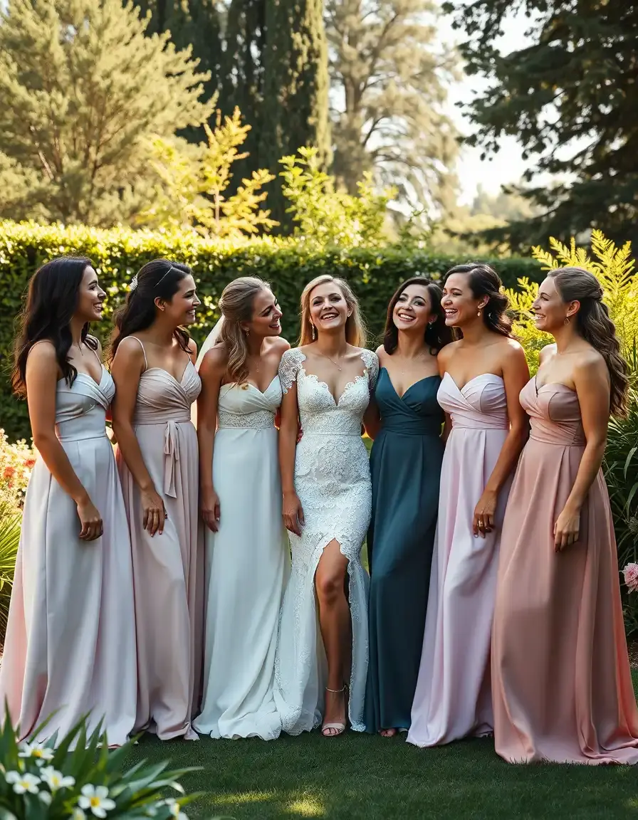 Huit femmes élégantes portant différents styles de robes de témoin de mariage dans un jardin
