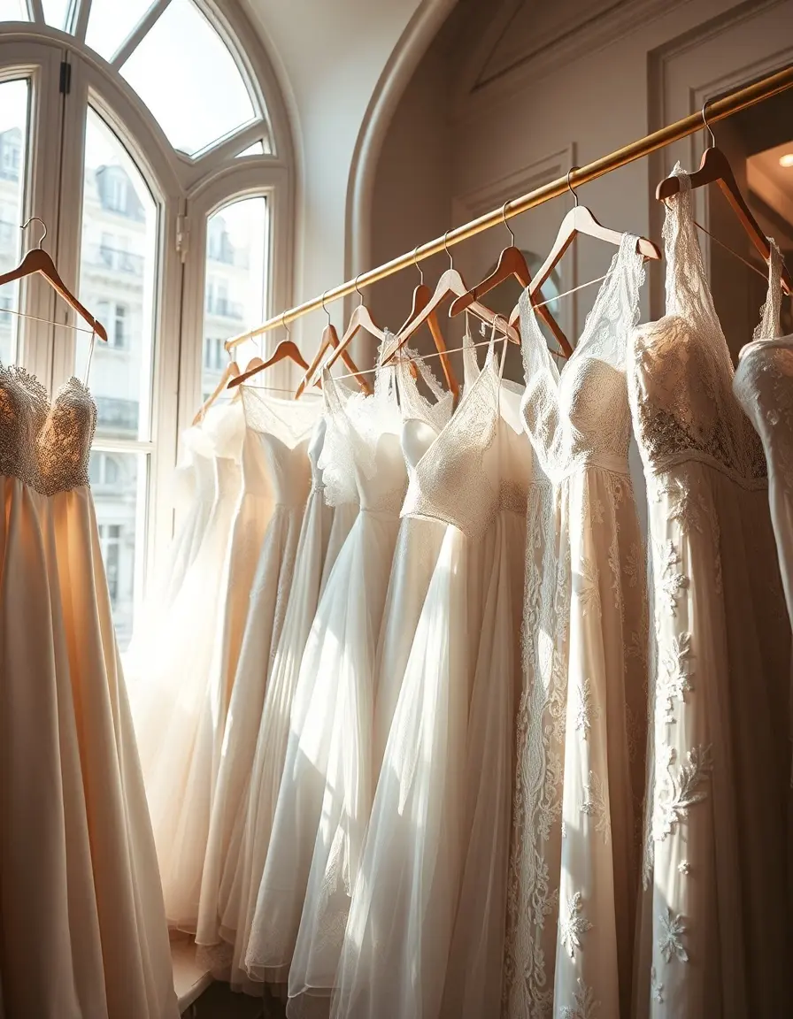Sélection de robes de cérémonie élégantes dans une boutique lumineuse