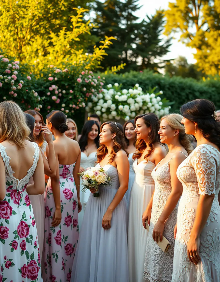 Groupe de femmes élégantes portant des robes invitée mariage dans un jardin
