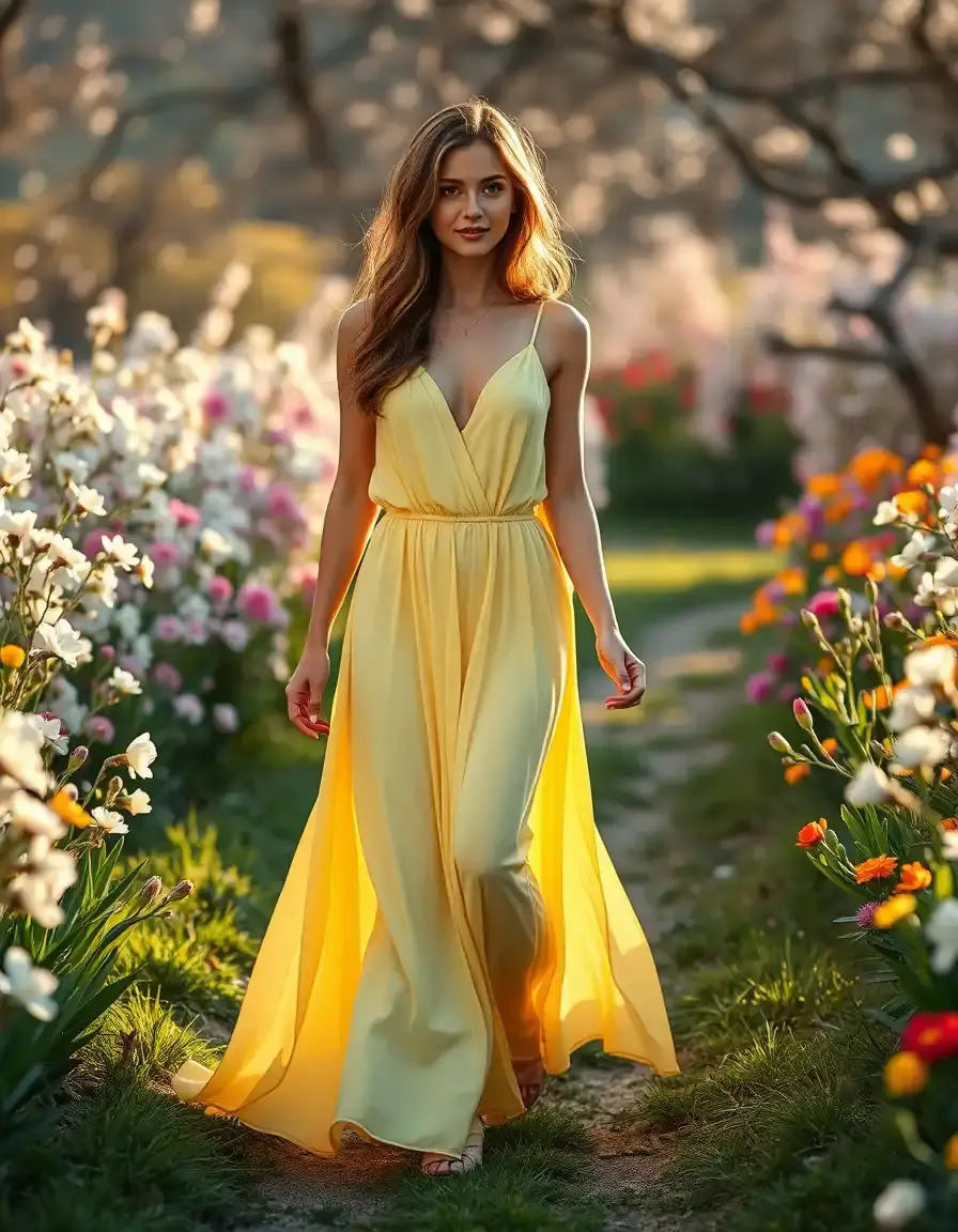 Femme élégante portant une robe jaune pastel vaporeuse dans un jardin ensoleillé.