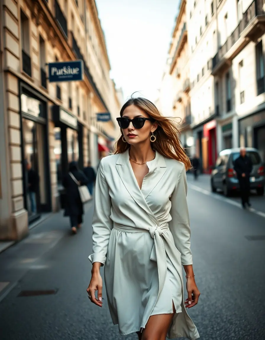 Femme élégante portant une robe femme tendance dans une rue ensoleillée.