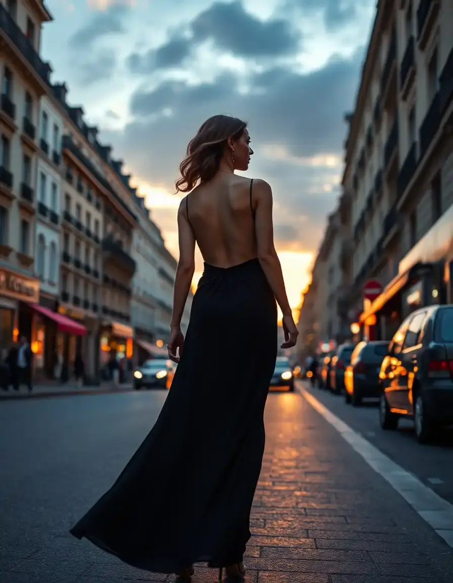 Femme élégante portant une robe dos nu noire dans une rue de Paris au coucher du soleil.