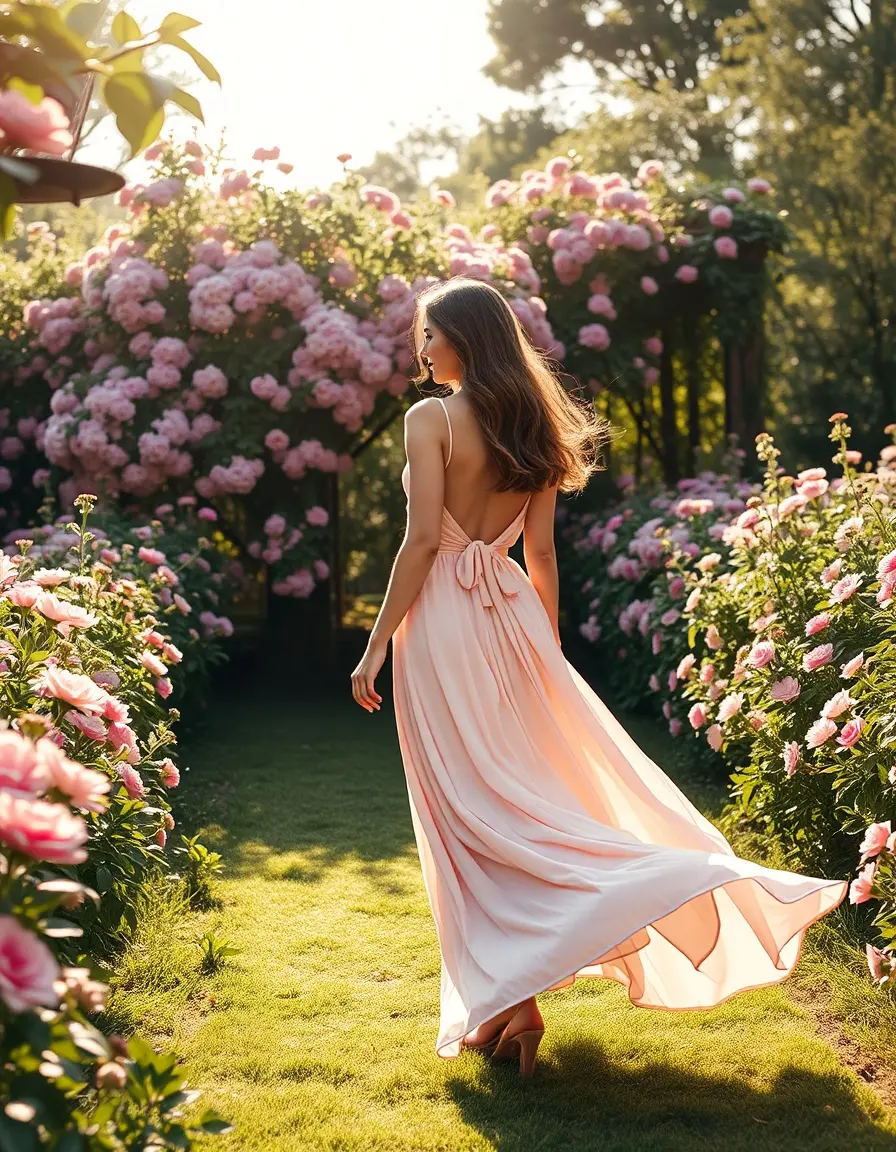 Femme élégante portant une robe longue rose pastel dans un jardin ensoleillé