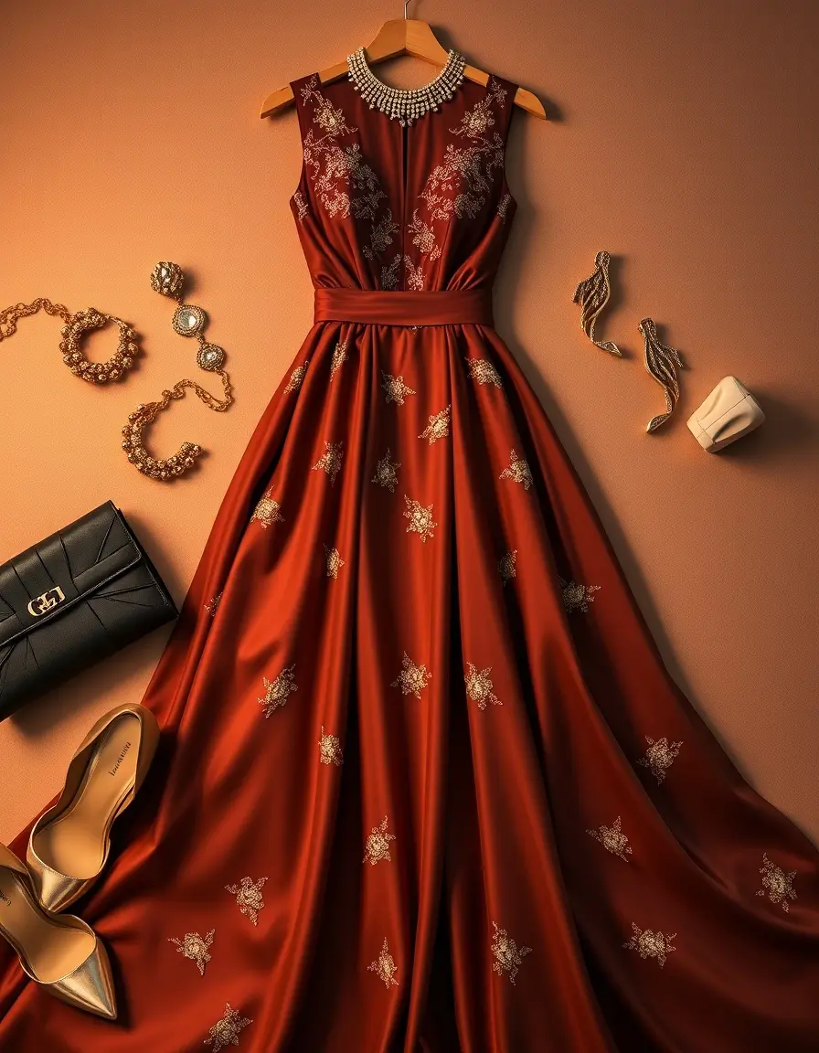 Une élégante robe mariage soirée entourée d'accessoires dorés dans une boutique chic.