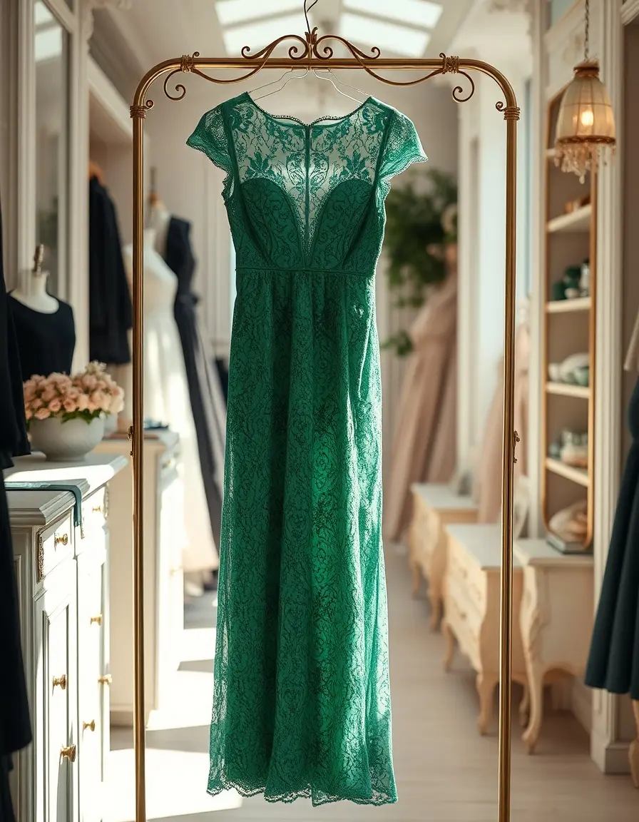 Robe mariage verte en dentelle élégante dans une boutique lumineuse