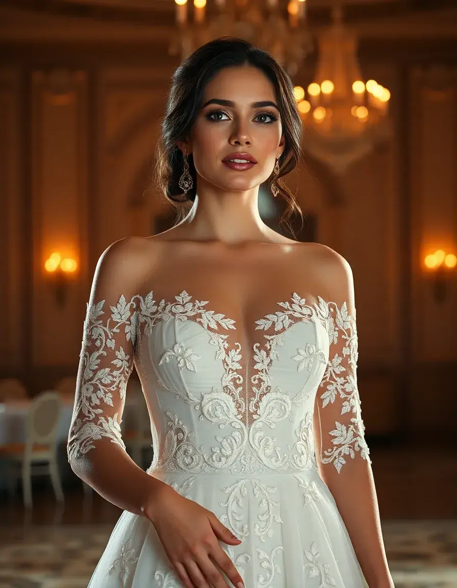 Femme élégante portant une robe mariée soirée en dentelle dans une salle de réception luxueuse.
