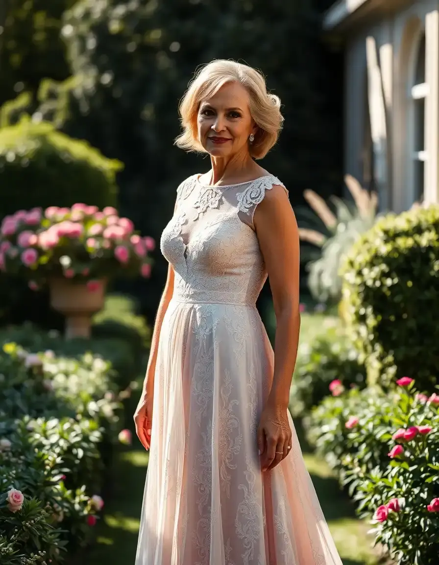 Femme élégante portant une robe mère de la mariée en dentelle pastel dans un jardin