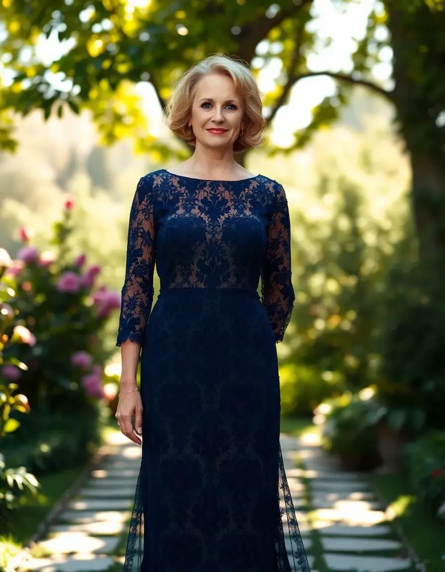 Femme élégante portant une robe mère de la mariée en dentelle bleue marine.