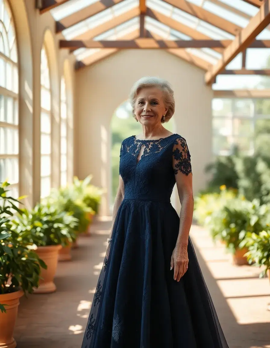 Femme élégante portant une robe mère du marié en dentelle bleue dans un salon de mariage