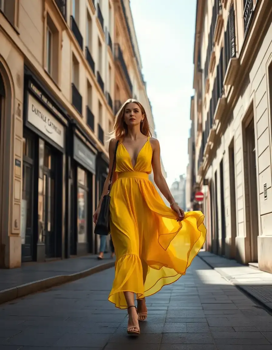 Femme élégante portant une robe jaune ensoleillée dans une rue de ville