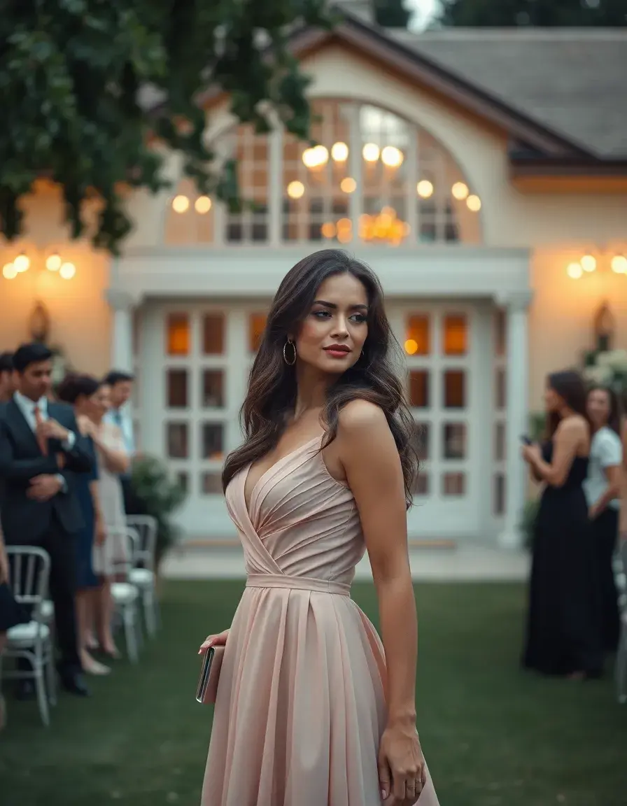 Femme élégante portant une robe pour mariage invité dans un jardin chic