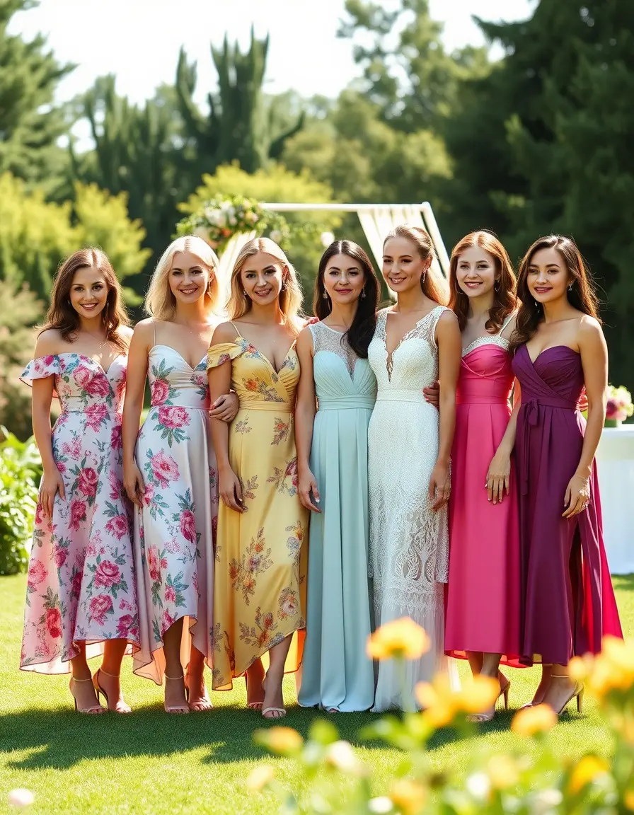 Groupe de femmes élégantes portant différentes robes invitée mariage dans un jardin